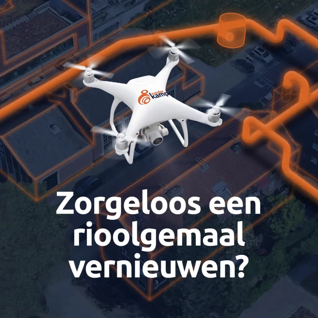 Done van Vanderkamp vliegt over een woonwijk en projecteert een stelsel van buizen om een tijdelijke omleiding bij werkzaamheden weer te geven.