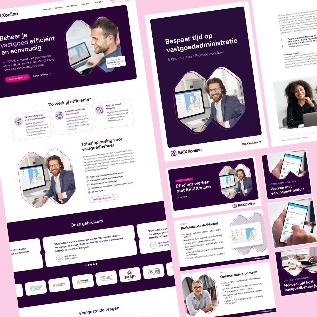 Overzicht van de consistente identiteit van BRIXXonline verwerkt in de homepagina, een whitepaper, presentatie en social templates