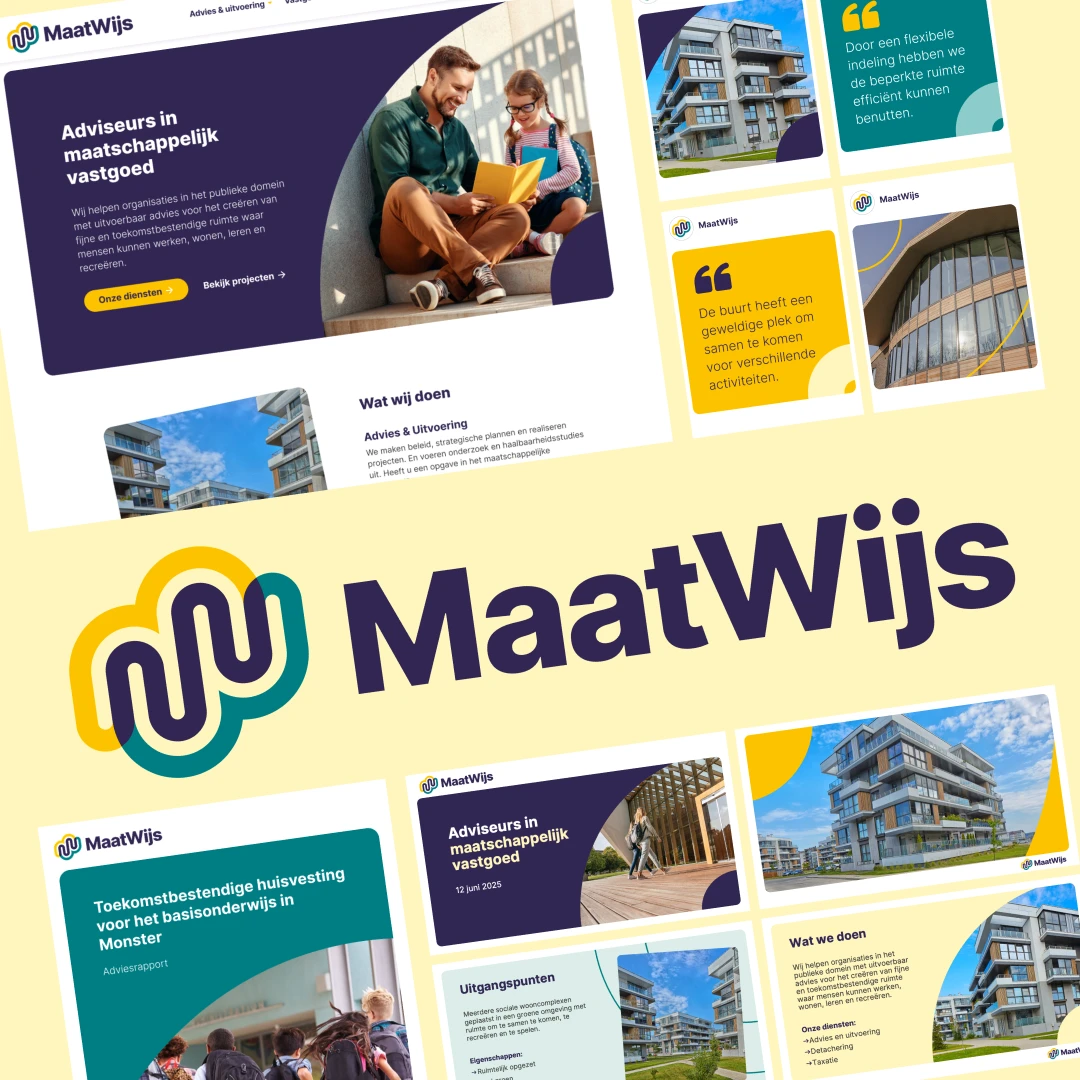 Overzicht van de consistente identiteit van MaatWijs, met voorbeelden van de homepage, social templates, voorzijde brochure en presentatietemplate